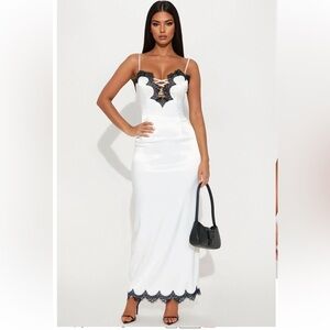 *NWT* White Satin Maxi Dress with Black Lace Trim